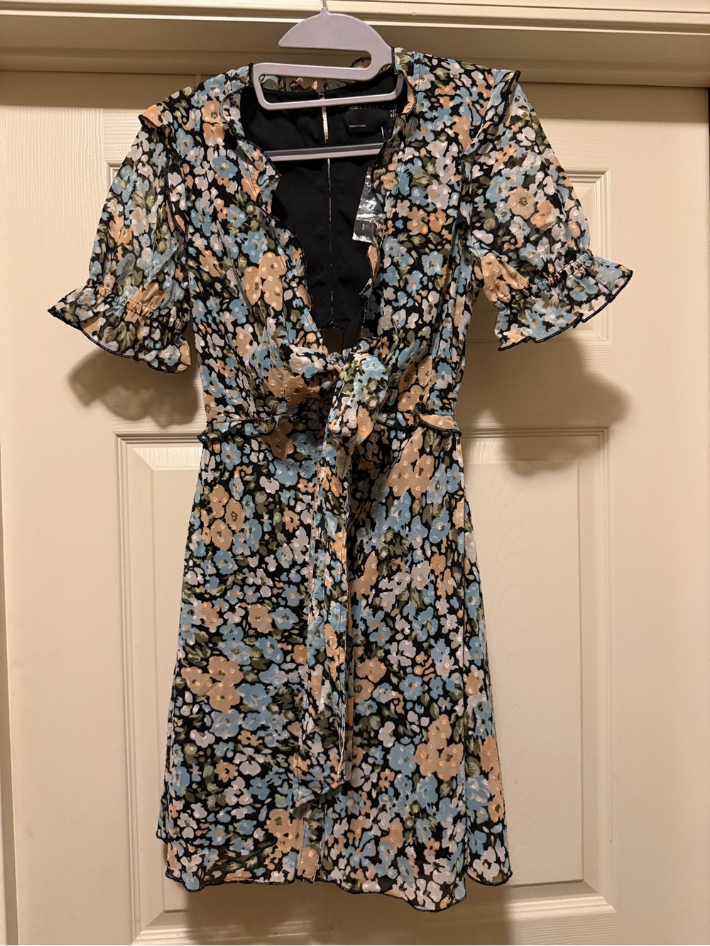 ASOS Black Mini Dress with Blue & Beige Floral Print NWOT
